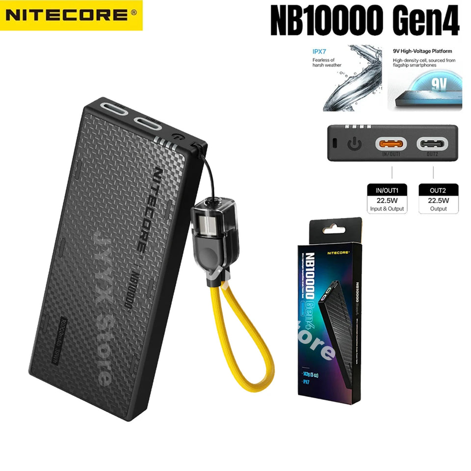 NITECORE NB10000 Gen4 10000mAh 9V Carbon Fiber Power Bank 22.5W Fast Charge Mobile Outdoor Powerbank IPX7 Dual USB-C