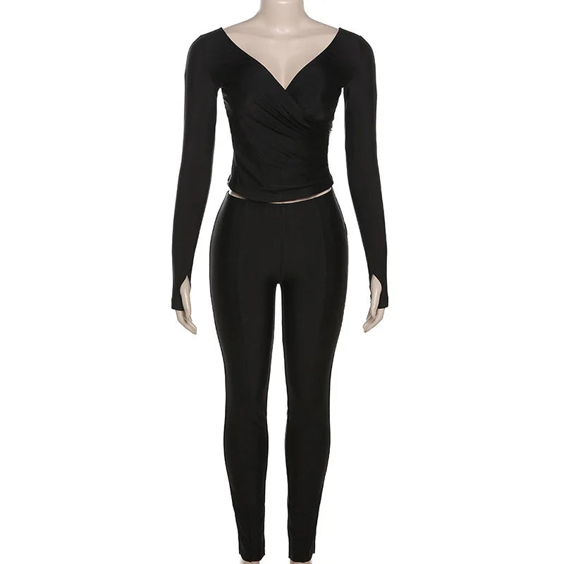 Three Sisters New Arrivals Autumn Winter Fashion Casual Home Solid Color Long Sleeve V-neck Ladies Two Piece Sets Pantsuits