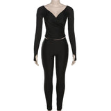 Three Sisters New Arrivals Autumn Winter Fashion Casual Home Solid Color Long Sleeve V-neck Ladies Two Piece Sets Pantsuits