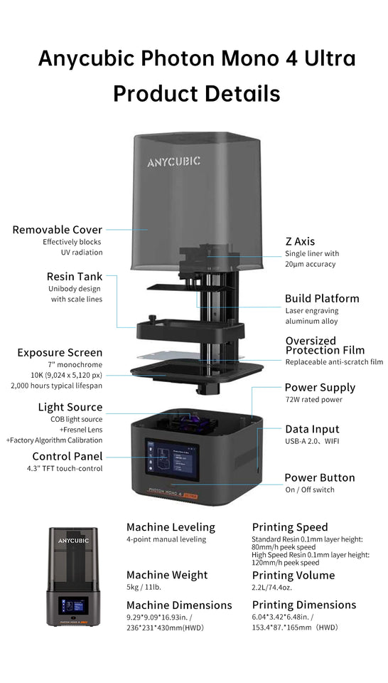 ANYCUBIC Photon Mono 4 Ultra 7 Inch 10K LCD 3D Printers High Speed UV Resin 3D Printer Printing Size  236mm*231mm*430mm 2.2L