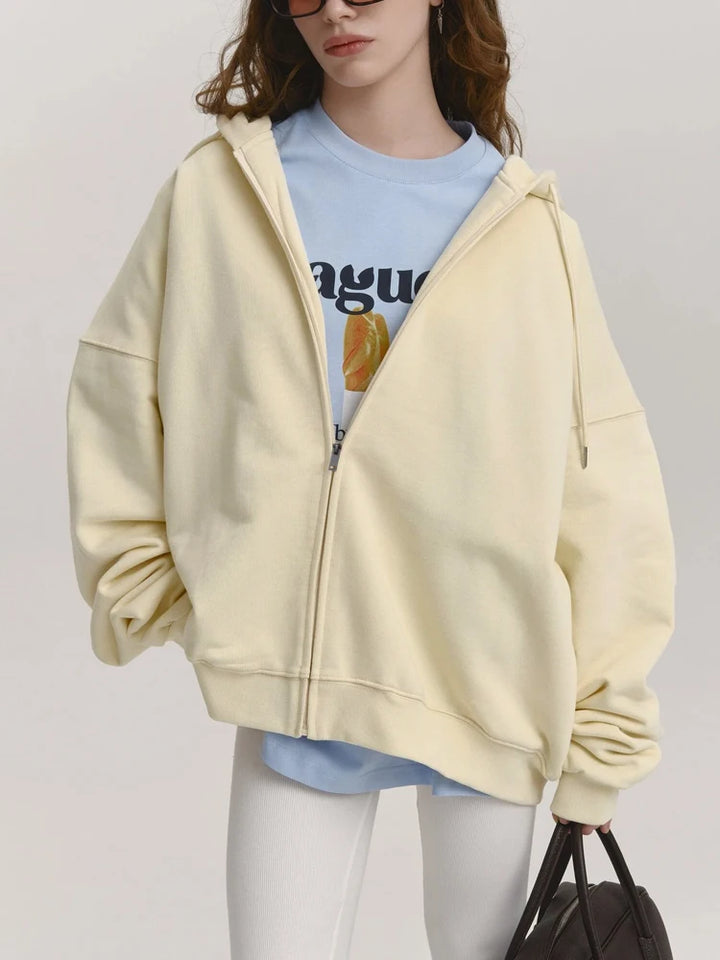 Autumn Women's Hoodie with Zipper Oversize Cotton Long Sleeve Vintage Pink Women Jacket Zip Sweatshirt with Hood