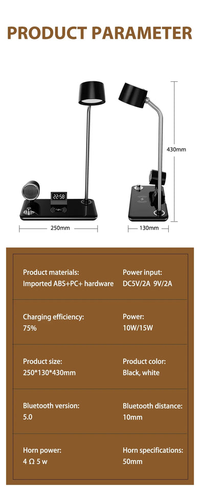 Multifunction LED Desk Lamp Wireless Charger Pad Stand Clock Bluetooth Speaker Night Light USB Port Night Lighting