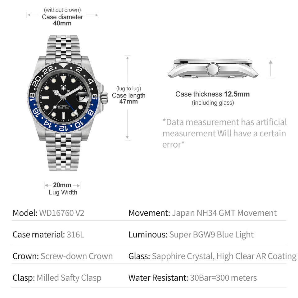 Watchdives WD16760 V2 GMT Watch NH34 Automatic Movement Sapphire Luminous Watches Stainless Steel 300m Waterproof Wristwatch