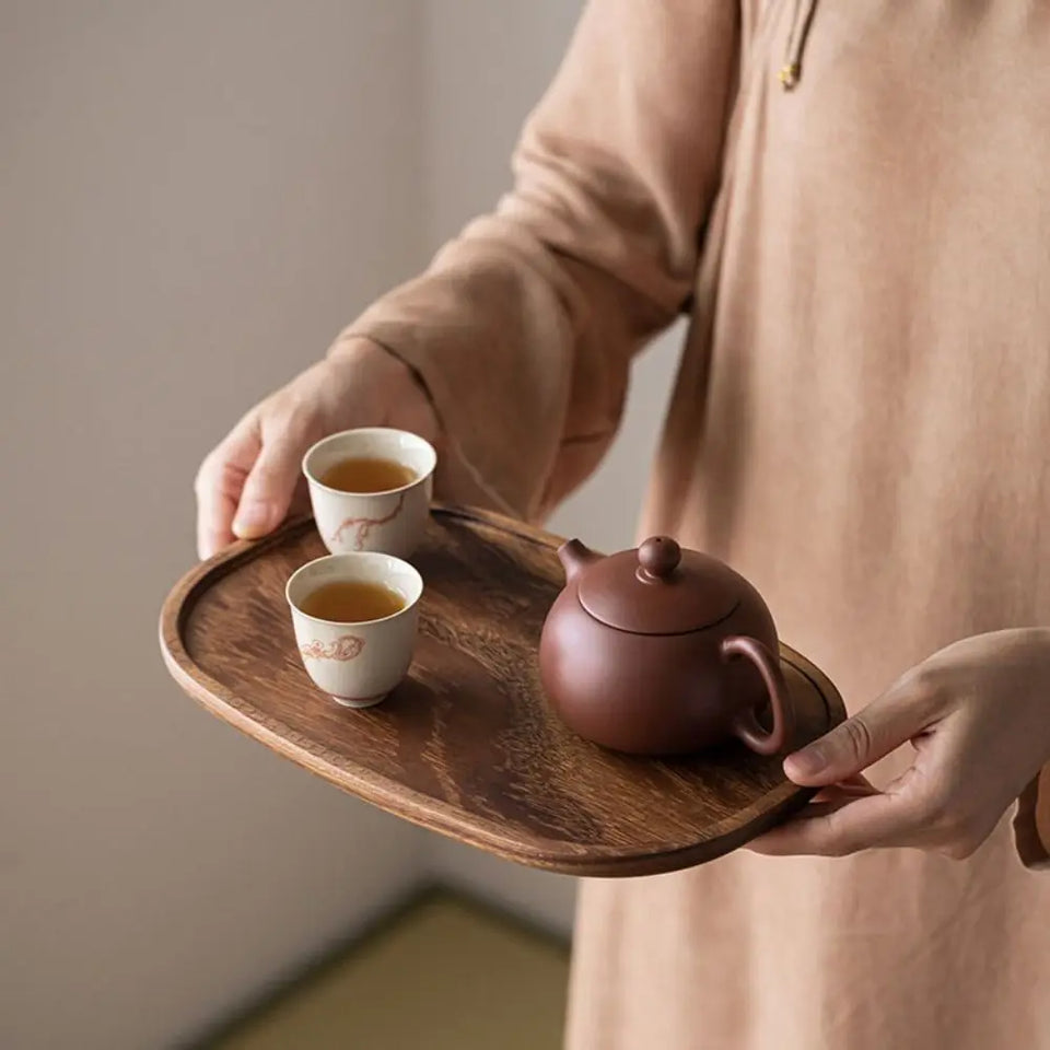 Retro Walnut Tea Tray Wooden Round Serving Platter Tray Leaf Storage Wooden Tea Tray Plate Tea
