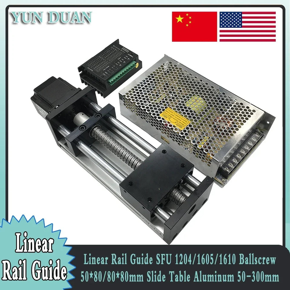 Linear Rail Kit Sliding Table Ball Screw Module Slide Stage 50-300mm Stroke Nema23 Stepper Motor 1.2Nm Power Supply Driver CNC
