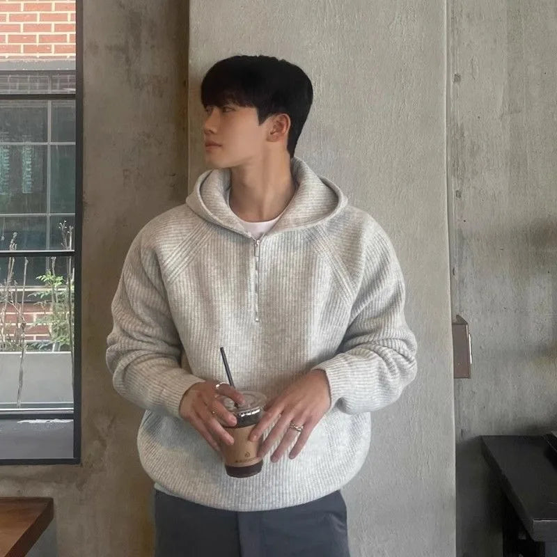 Men's Hooded Sweatshirt Knitting Solid with Zipper Male Hoodie Clothing Deals Cotton 90s Vintage Luxury Y2k Emo Tops Simple Warm