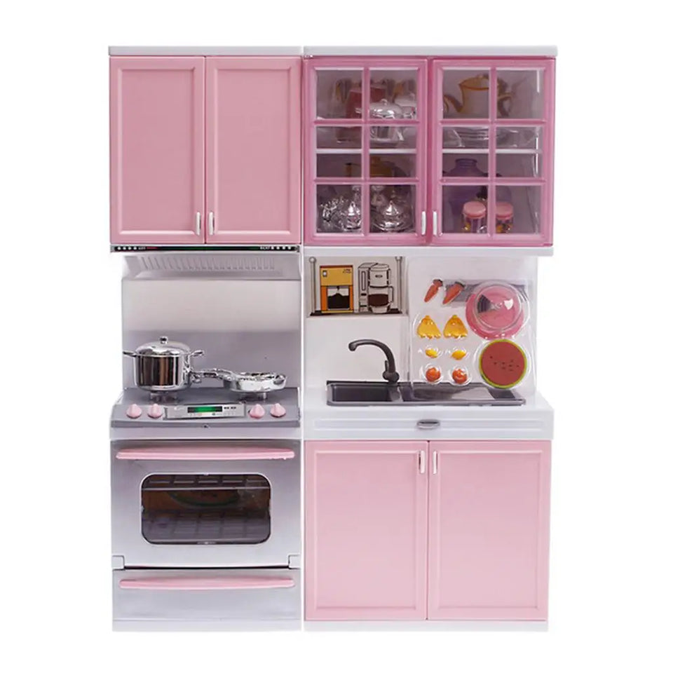 Pretend Play Toy Kitchen, Plastic Play Kitchen with Lights & Sounds, Cookware Pretend Cooking Food Set Toddler Gift Toy