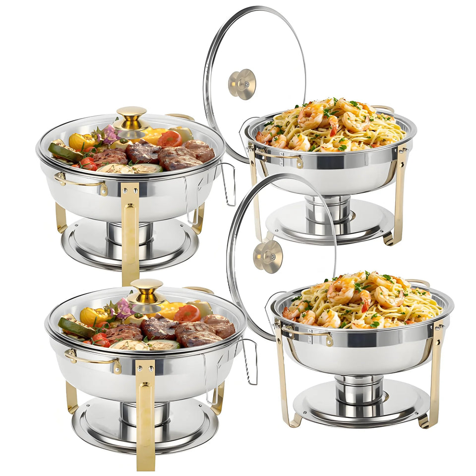 2/4 Pack Chafing Dish Buffet Stainless Steel Chafer Pan Round Catering Warmer w/Glass Lid for Party Banquet
