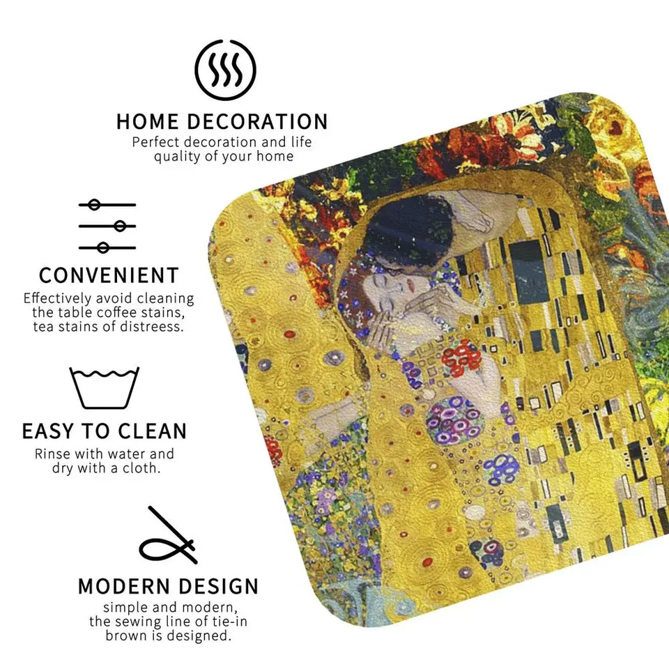 The Kiss By Gustav Klimt Coasters Kitchen Placemats Non-slip Insulation Cup Coffee Mats For Decor Home Tableware Pads Set of 4