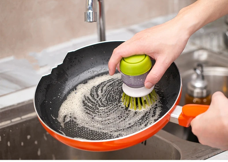 Multi-Use Kitchen Dish Brush, Soap Dispensing Palm Brush with Tray, Universal Scrub Brush for Household Cleaning