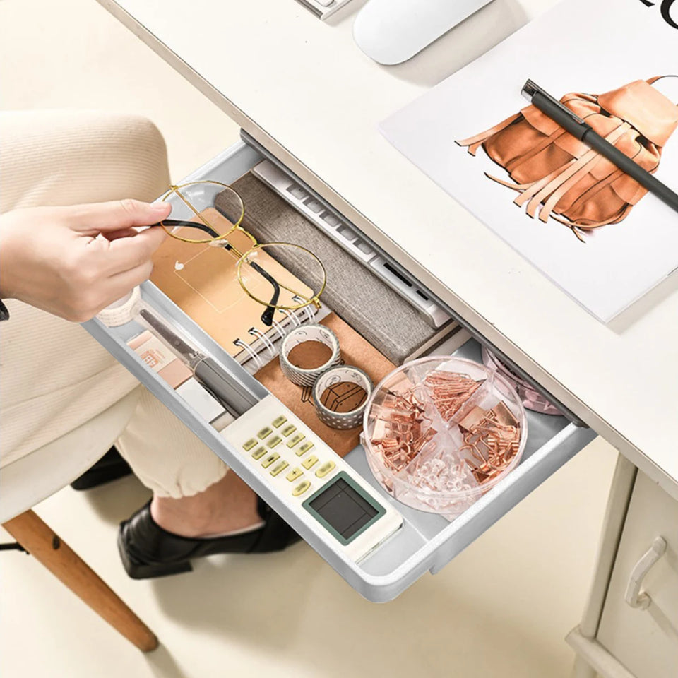 Under Desk Drawer Self-Adhesive Stationery Storage Box Multifunctional Hidden Under Desk Organizer for Home Kitchen Office Table