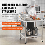 VEVOR Stainless Steel Work Prep Table with 4 Wheels 3 Adjustable Height Levels Heavy Duty Food Prep Worktable for Hotel Home