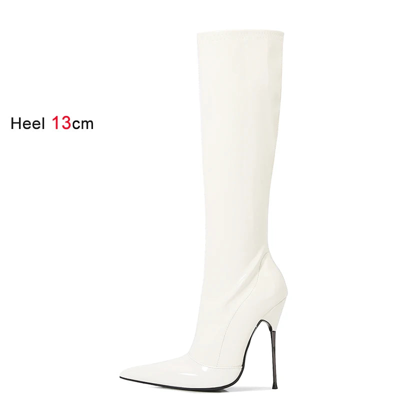 Knee-High Modern Boots Pointy Toe Women Shoes 13cm Ultra Thin Steel High Heels Metal Heel Calf Boots for Women Fun Shoes Size 46