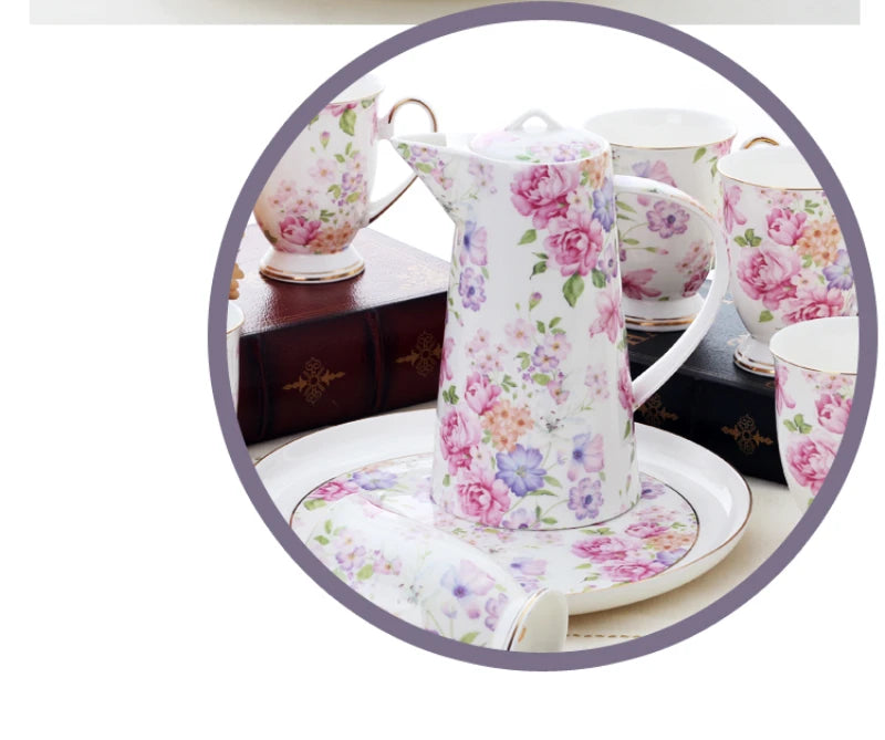 1200ML, real bone china water jug, porcelain water pitcher, carafe and glass set, ceramic tea pot, water jar for kitchen, coffee
