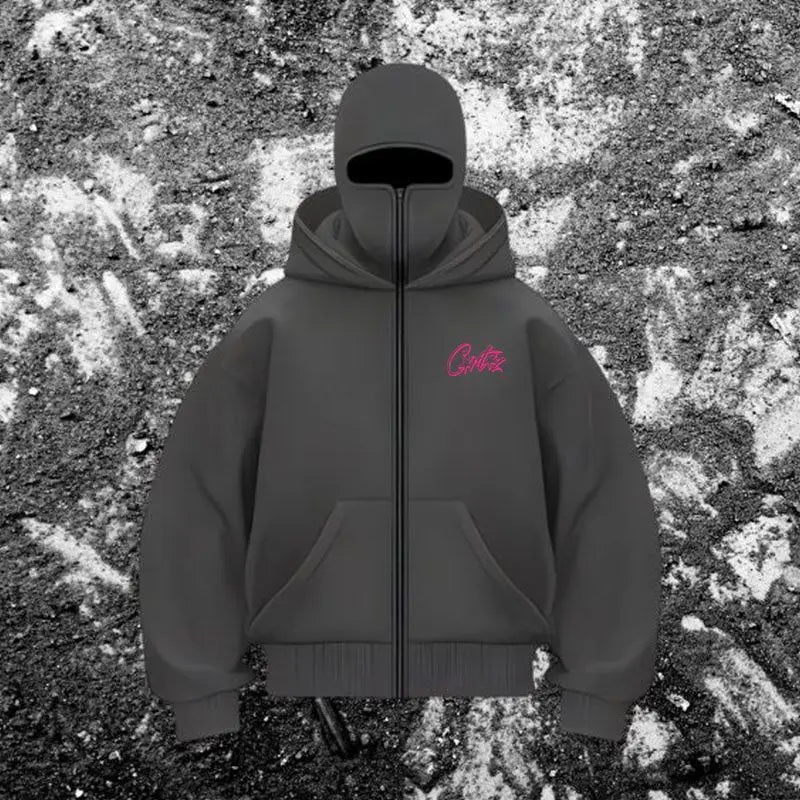 Men's Balaclava Zip Hoodie with Face Mask Winter Warm Zipper Sweatshirt Oversized Hooded Sports Jacket for Outdoor Activities
