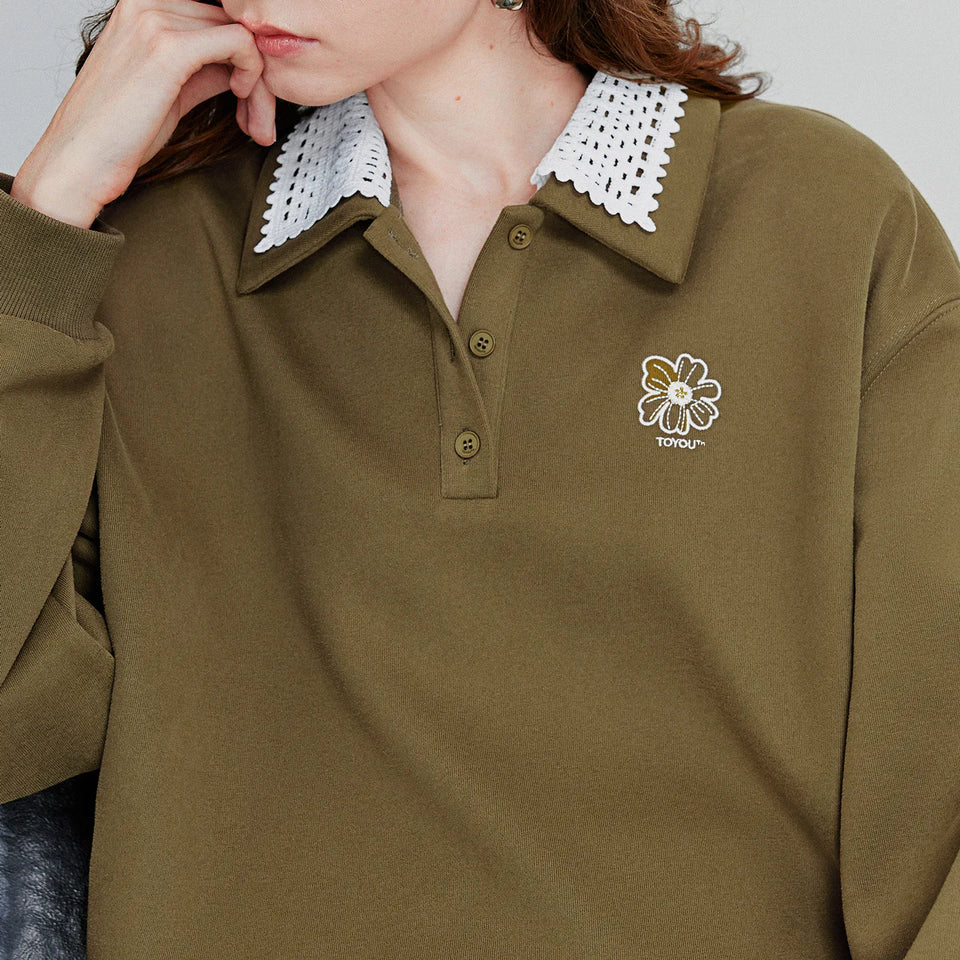 TOYOUTH Women Sweatshirt 2025 Autumn New Green Velvet Embroidery Contrasting Color Splicing Double Layer Collar Pullover Hoodies