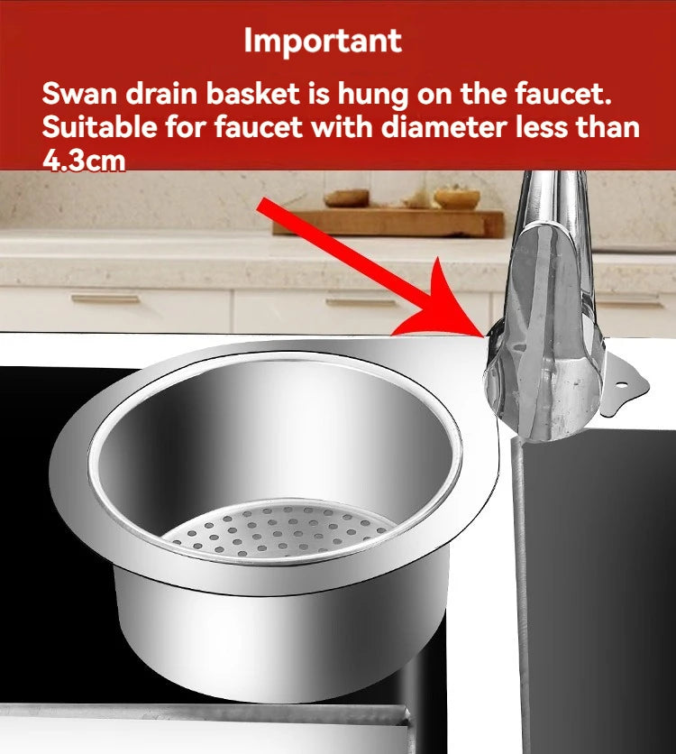 Stainless Steel Swan Sink Strainer Basket Kitchen Sink Garbage Filter Swan Dry And Wet Separation Hook Drain Rack