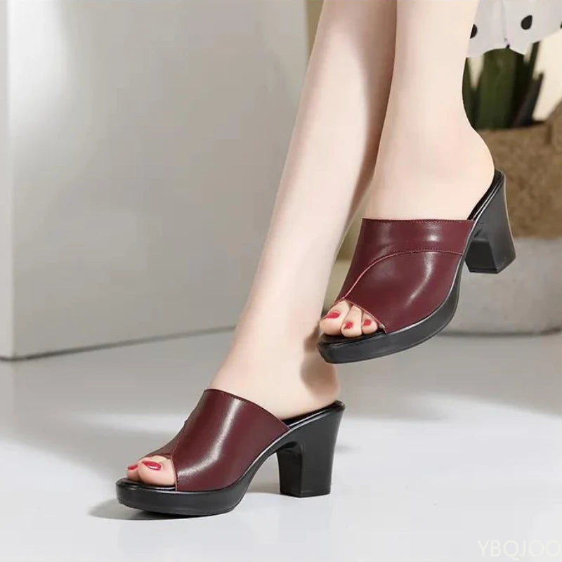 Waterproof New High-heeled Bright Leather Solid Color Casual Shoes Women Summer Platform Sandals Female Thick-heeled Slippers