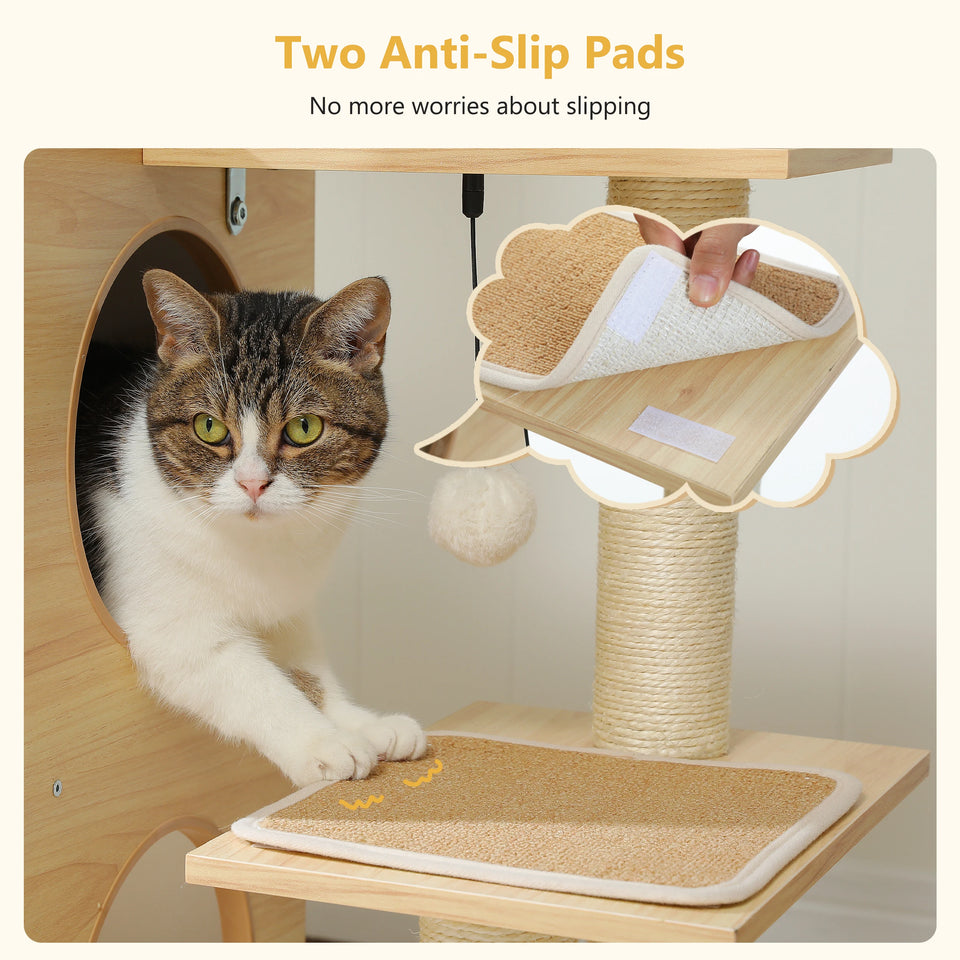Modern Cat Tree Wooden Cat Tower with 2-Floor Condo Cat Furniture with Cat Scratching Posts Capsule Nest and Dangling Balls