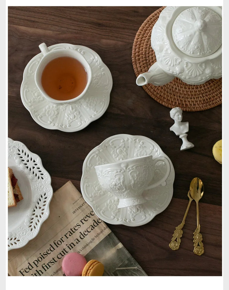 Ceramic European Style Tea Set French Relief Butterfly Flower Palace Pot Black Tea Cup Afternoon Tea Coffee Cup and Plate