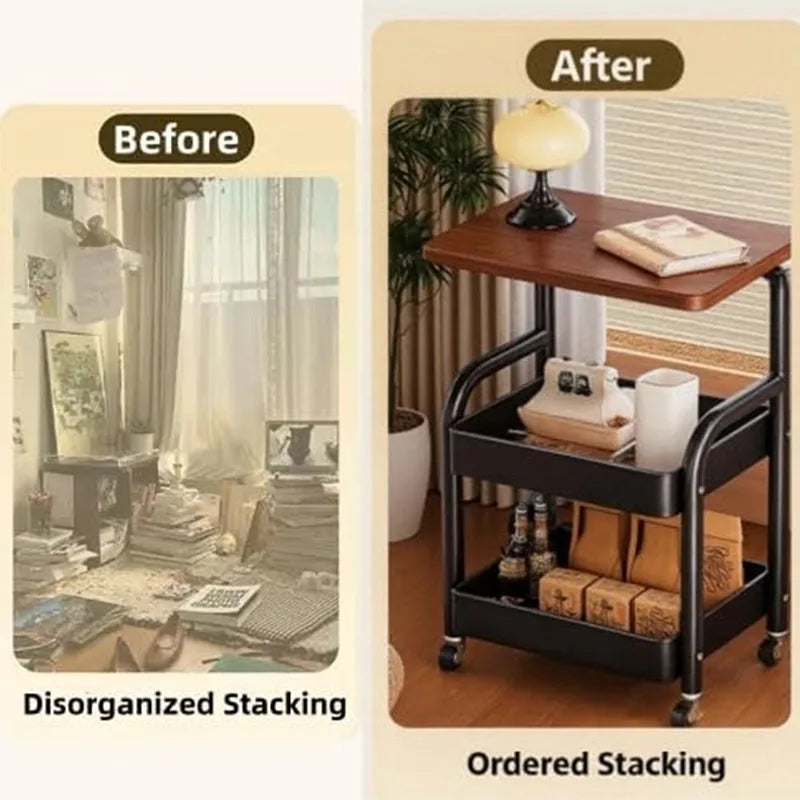 Three-Tier Metal Rolling Multi-Purpose Storage Cart with Walnut Wood Tabletop, Stable and Durable, with Two Lockable Wheels, Suitable for Kitchen, Bathroom, Snacks, Coffee, Crafts, Cosmetics and Baby Products