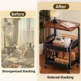Three-Tier Metal Rolling Multi-Purpose Storage Cart with Walnut Wood Tabletop, Stable and Durable, with Two Lockable Wheels, Suitable for Kitchen, Bathroom, Snacks, Coffee, Crafts, Cosmetics and Baby Products