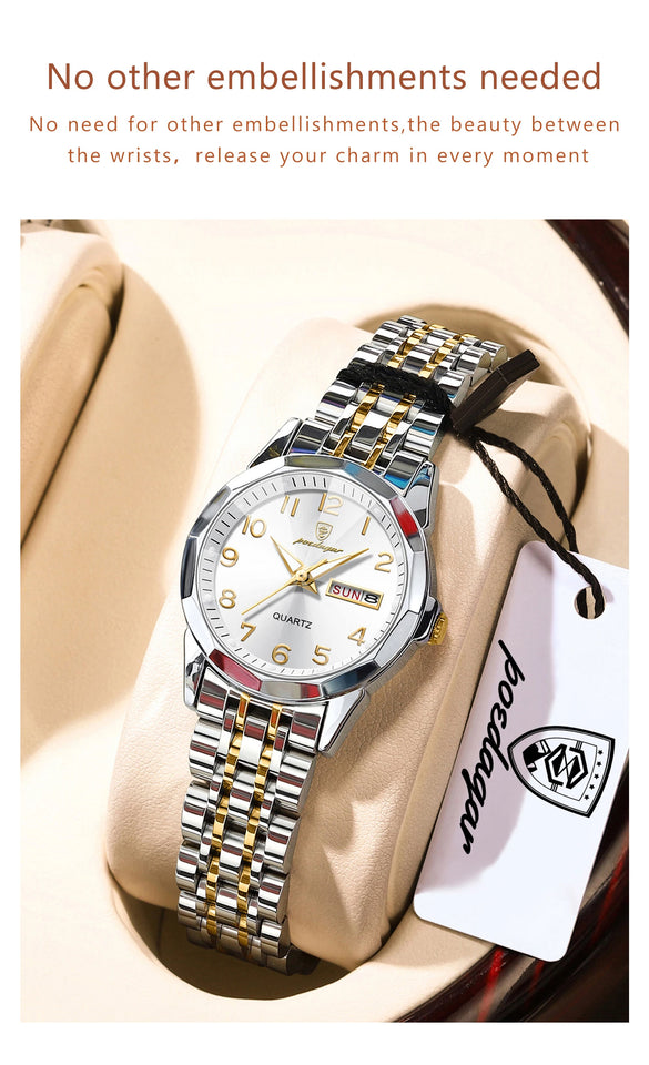 POEDAGAR Elegant Ladies Watches Waterproof Luminous Date Week Watch for Woman High Quality Stainless Steel Quartz Women's Watch