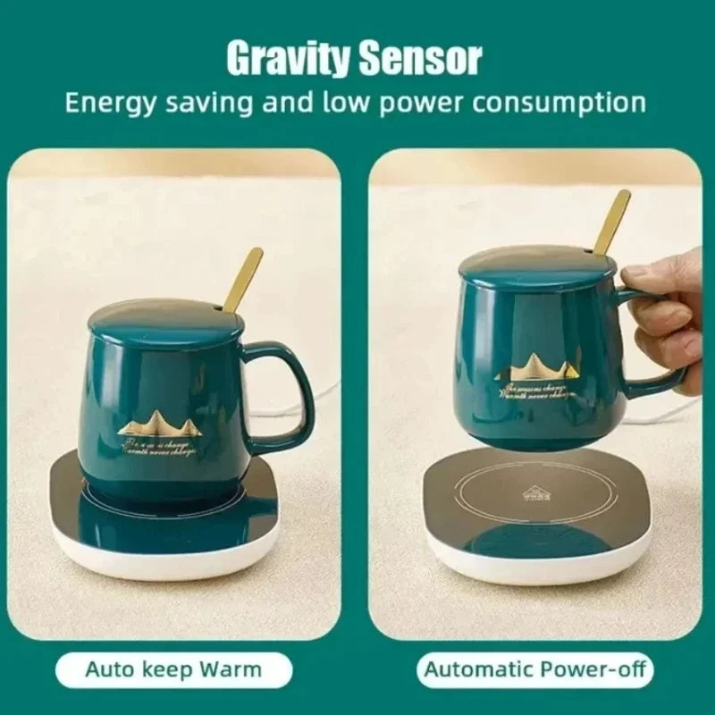 A1 55℃ Smart Heated Coffee Mug Set with Warmer Pad, Auto Keep Warm, Cute Design, Perfect Gift for Office Workers, All-Season Use