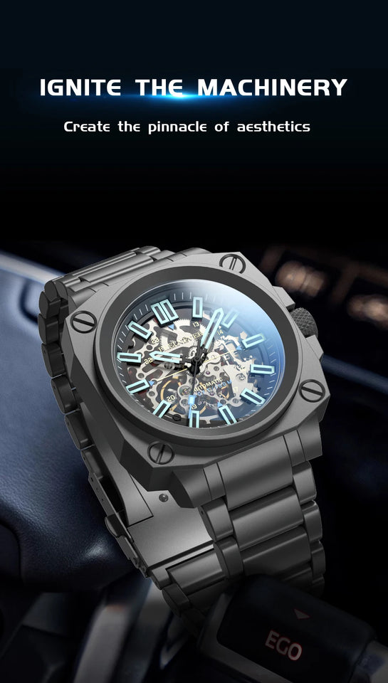 FeelNever Creative Automatic Movement Men's Watches Hollow Fashion Casual Sport Military Leather Waterproof Mechanical Watch+Box