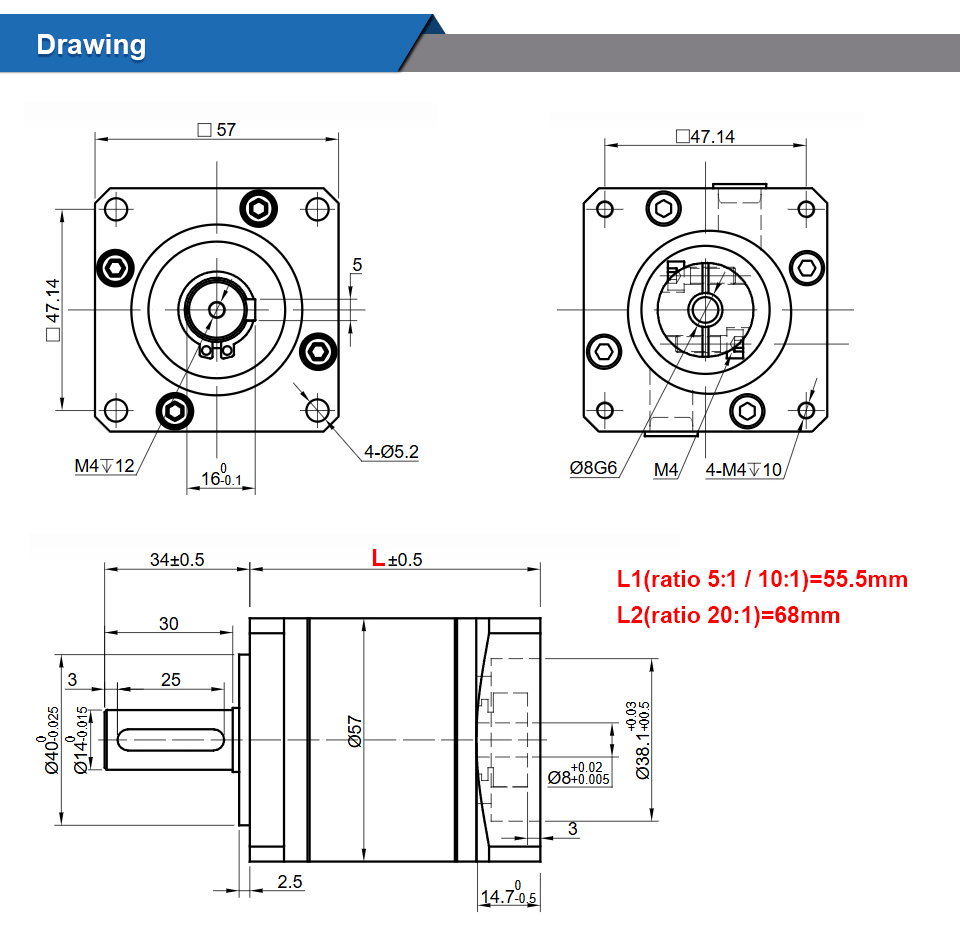 STEPPERONLINE Nema23 Planetary Gearbox Motor Speed Reducer with Ratio 5:1, 10:1, 20:1, 8mm Input for Nema 23 Stepper Motor