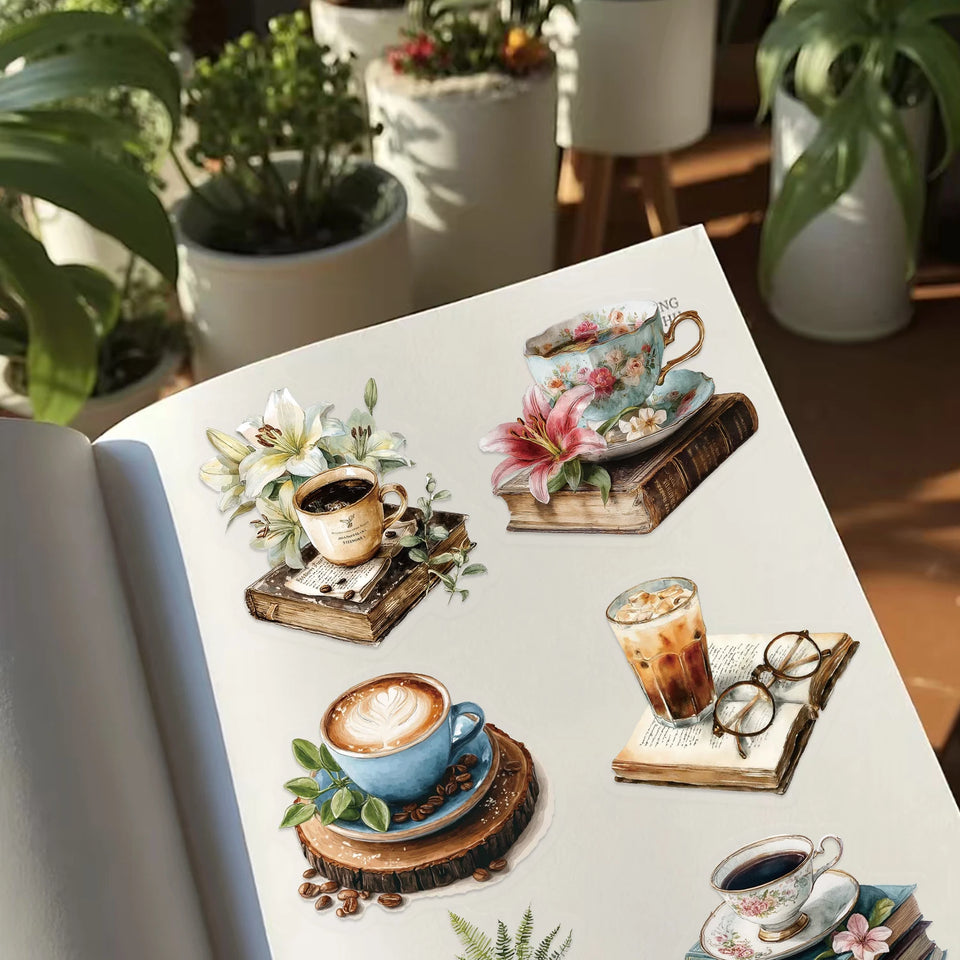50/100PCS Cartoon Coffee Book Theme Sticker Transparent PET Decorative Skateboard Helmet Guitar Waterproof Stickers Kids Toy