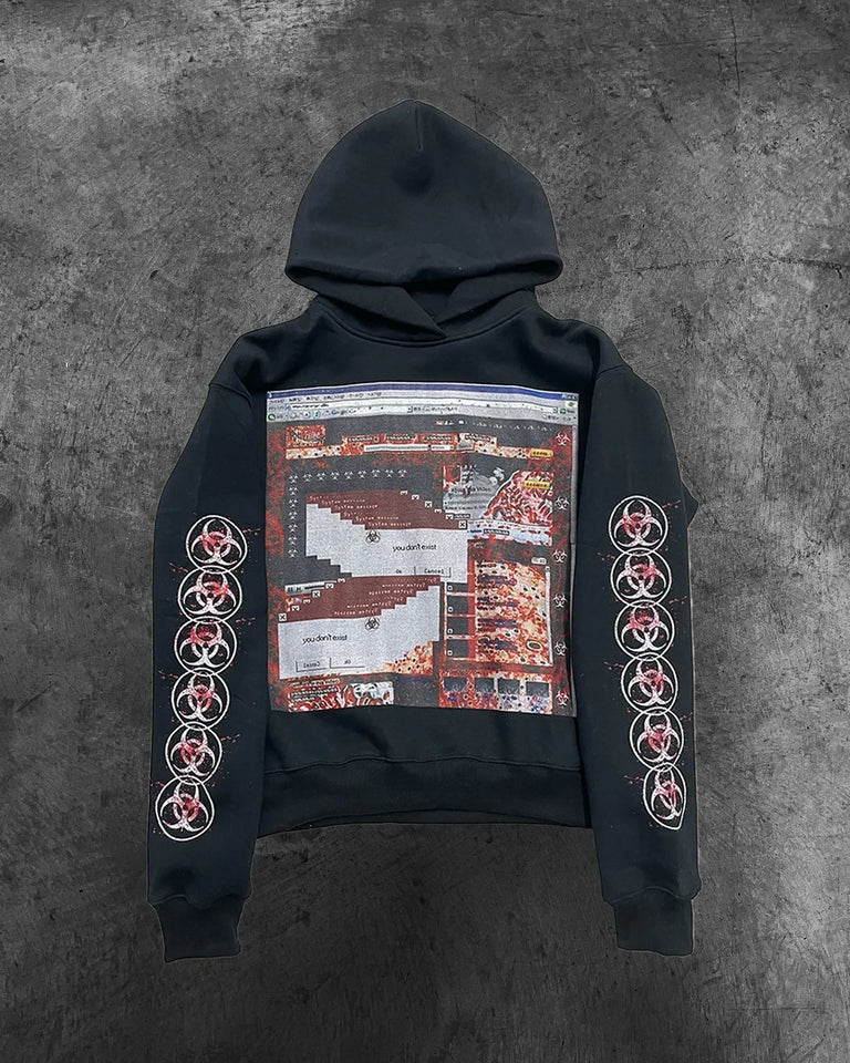 Mens Black Hooded Sweatshirt Green Head Character Graphic Red Text Print American Style Unique Creative Loose Fit Trendy Casual