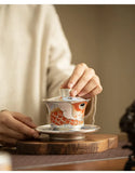 Tea set handmade silver three talents horseshoe covered bowl, Chinese dragon fish respect tea bowl, tea making bowl, tea cup for