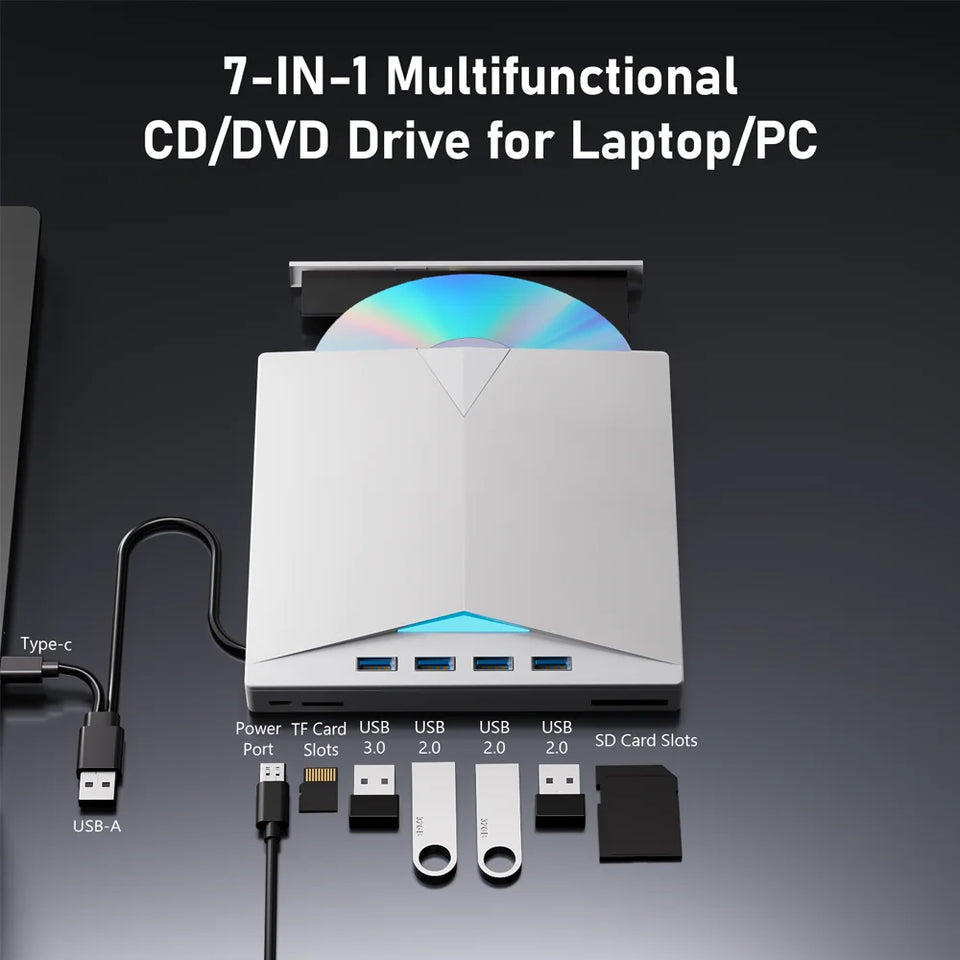 7-in-1 External DVD RW Optical Drive CD Burner Reader Player USB 3.0 Type-c optical drive external PC laptop desktop