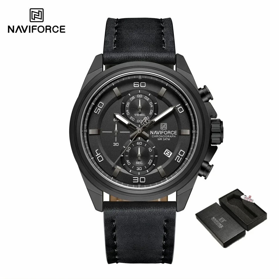 Original NAVIFORCE Business Luxury Leather Strap Men Watches Sports Chronograph Watch for Man 3ATM Waterproof Quartz Wristwatch