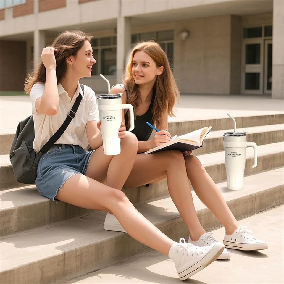 1pc Stainless Steel Ice Tumbler 38.55oz Insulated Cup with Handle & Straw Keeps Cold for 24 Hrs Car Insulation Cup Coffee Water