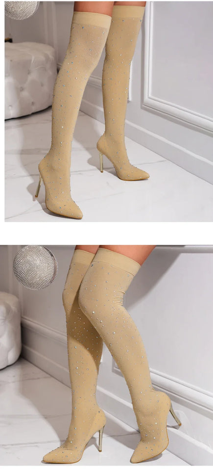 Eilyken Sexy Runway Crystal Stretch Fabric Sock Over the Knee Boot Thigh Stiletto High Pointed Toe Woman Shoes Zapatillas Mujer
