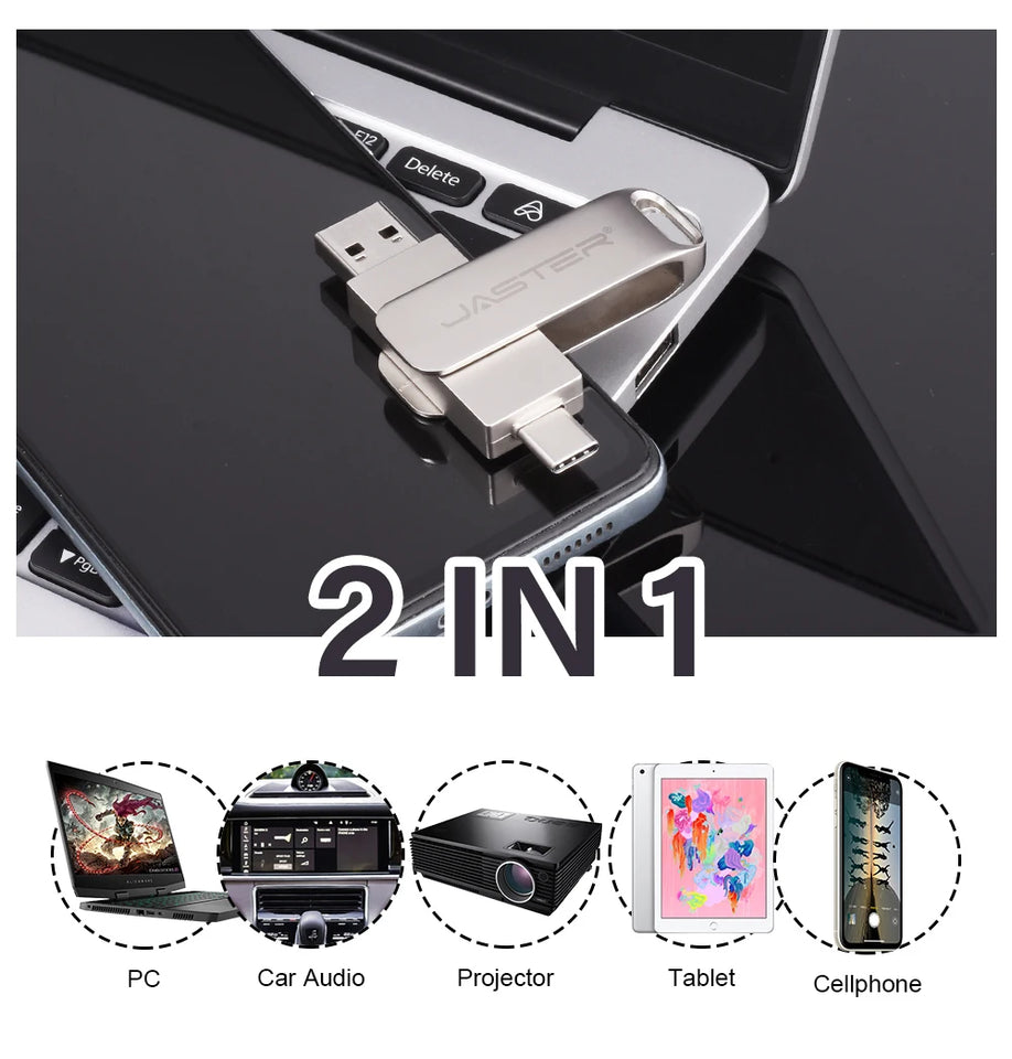 JASTER Metal USB TYPE-C 2 IN 1 Pen Drives 16GB silvery Flash Drive 64GB Commercial Affairs Gifts Memory Stick 4GB 8GB 32G U Disk