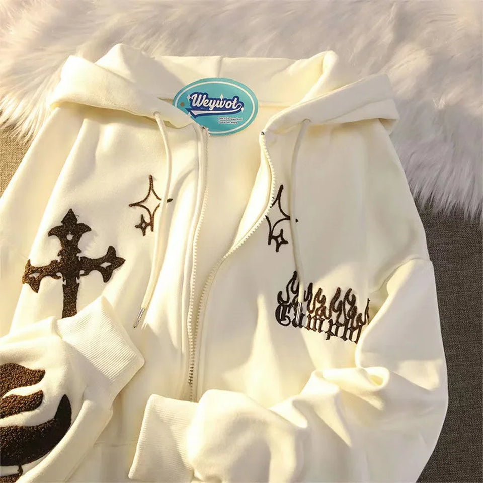 American Retro Little Devil Embroidered Zipper Hoodie Women Y2K Street Fashion Trend Joker Sweatshirt Couple Casual Loose Hoodie