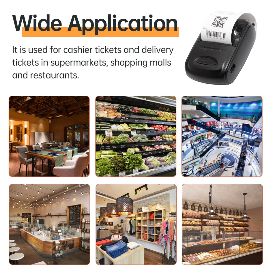 Receipt Printer Portable 58mm Mobile Thermal Printer Wireless BT Mini Bill Ticket Printing Printer with 1pcs Thermal Paper Rolls