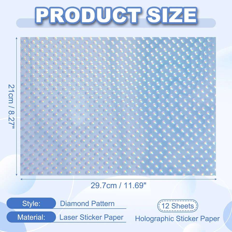 12Sheets Printable Holographic Sticker Paper Vinyl Sticker Paper A4 Waterproof Quickly Stickers for Laser Printer Inkjet Printer