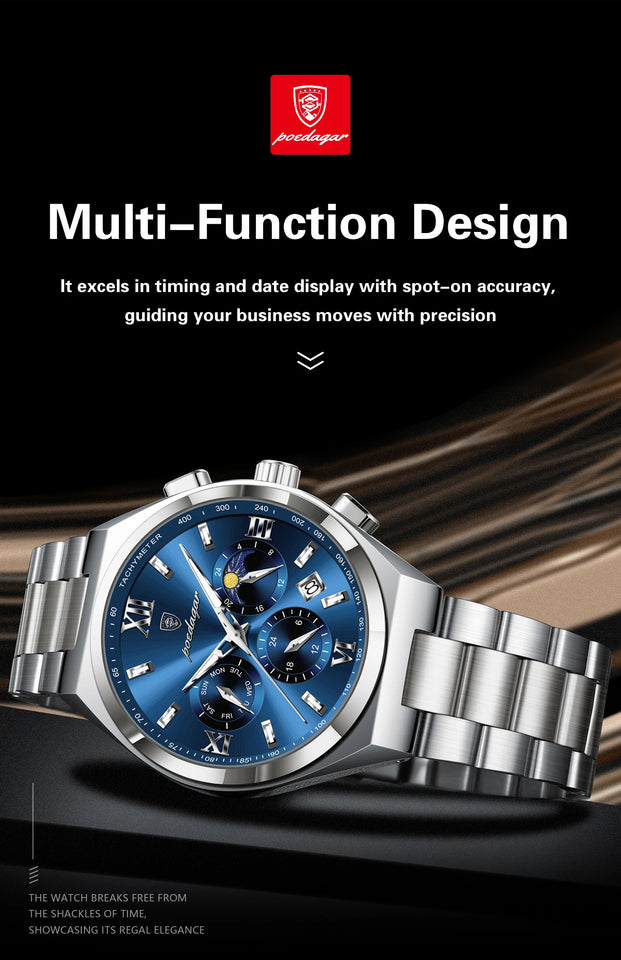 POEDAGAR Fashion Functional Man Wristwatch Luminous Week Date Business Watch For Men Stainless Steel Sports Men's Quartz Watches