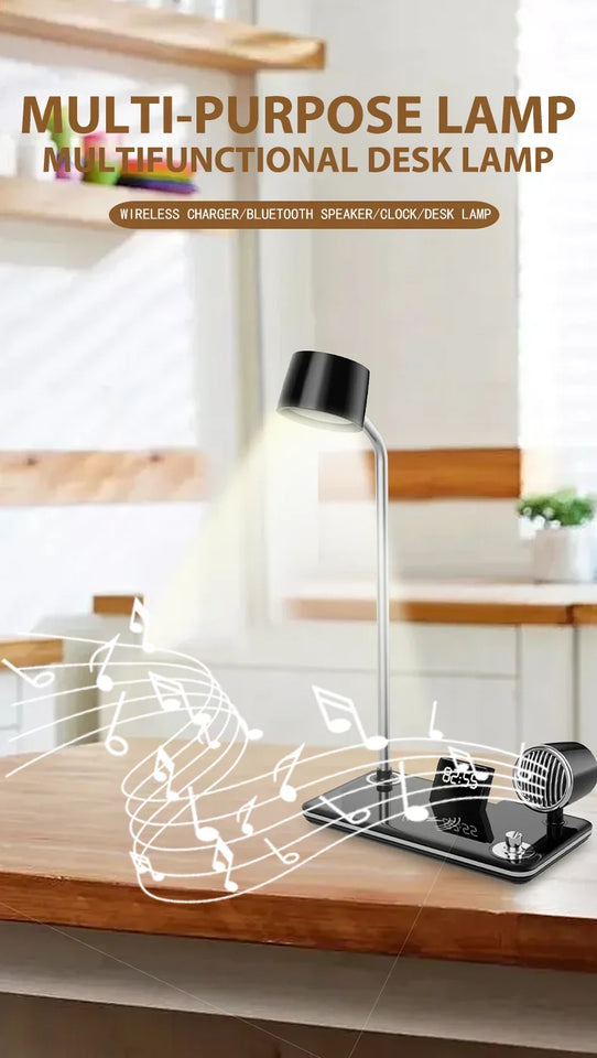 Multifunction LED Desk Lamp Wireless Charger Pad Stand Clock Bluetooth Speaker Night Light USB Port Night Lighting