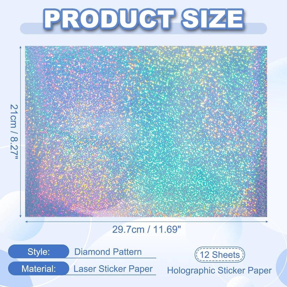 12Sheets Printable Holographic Sticker Paper Vinyl Sticker Paper A4 Waterproof Quickly Stickers for Laser Printer Inkjet Printer