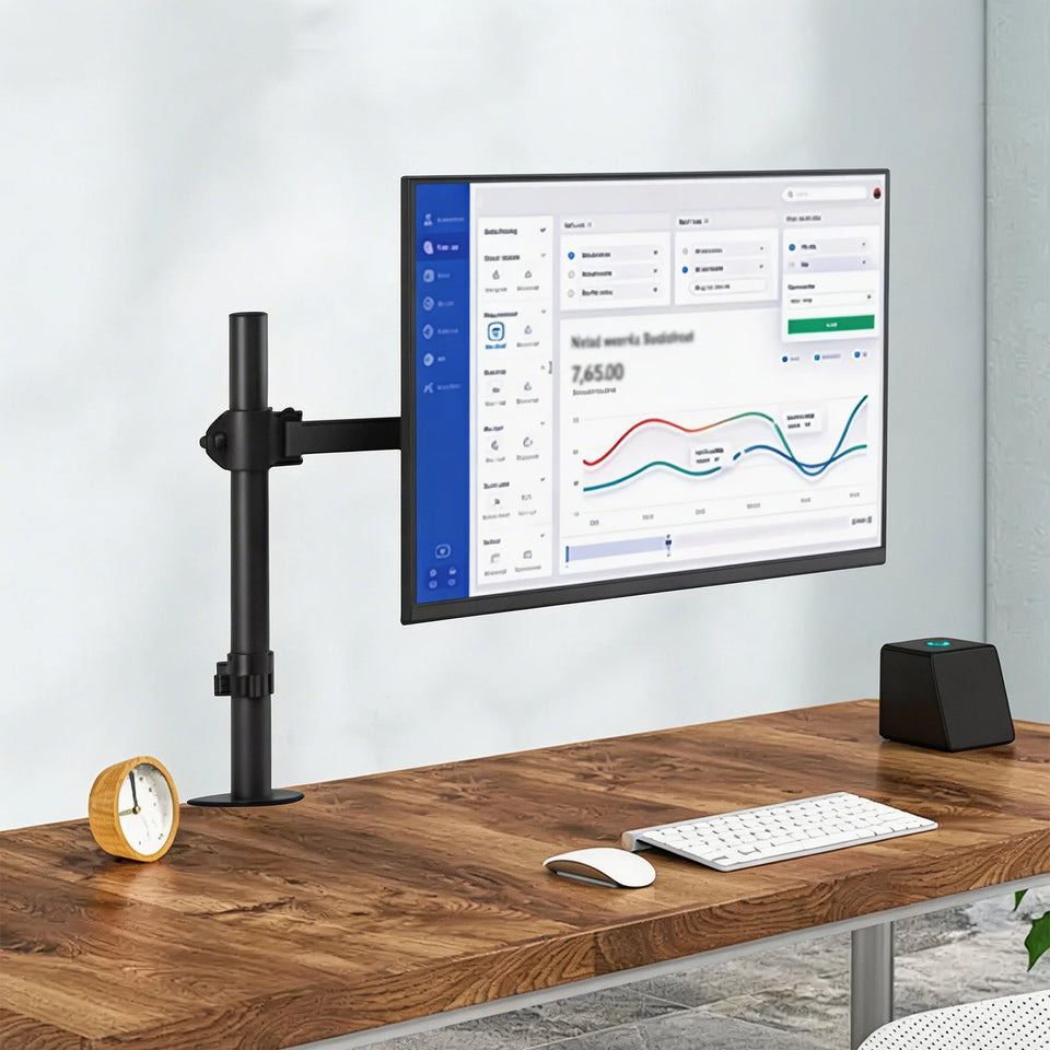 Adjustable Single Monitor Arm – Universal Mount for 12-32" Screens, Height/Angle Adjustable, Sturdy Steel, Ideal for Home Office