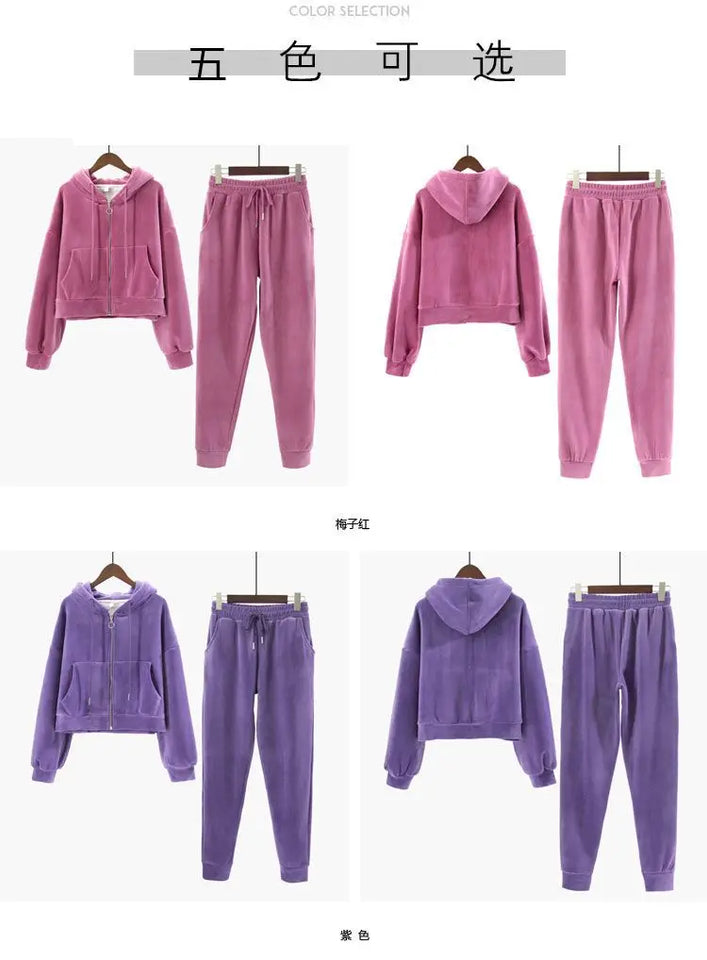 Thickened Gold Velvet Long Sleeved Hooded Sweatshirt with Lace Up Leg Ties Two Elegant Women's Pants Set Tracksuits