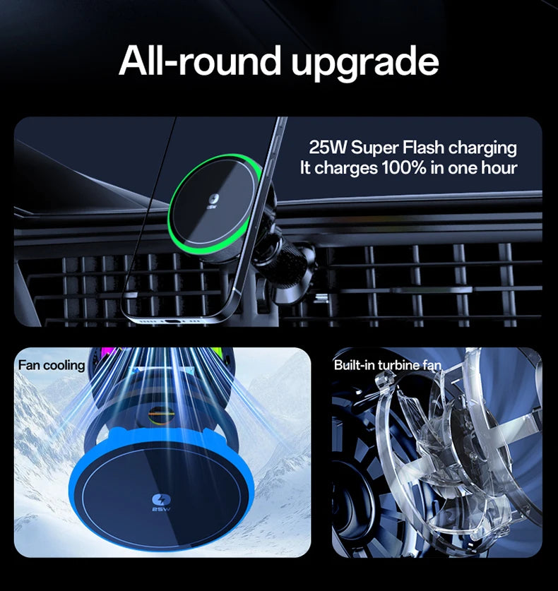 Qi2.2 Car Magnetic Wireless Charger Stand  LED Phone Holder  Air-Cooling Fast Charging Station For Magsafe iPhone 17~12 Pro Max