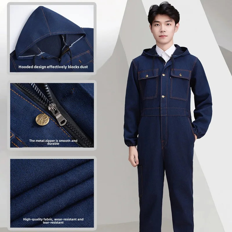 Thickened one-piece denim workwear, wear-resistant labor protection clothing, men's dust-proof auto repair crew clothing, workwe