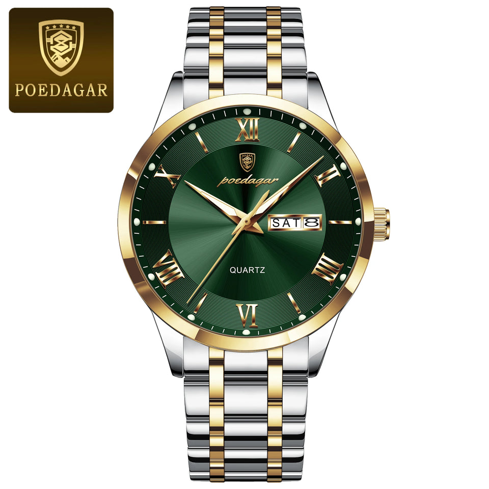 POEDAGAR Luxury Man Clock Waterproof Luminous Week Date Fashion Men's Wristwatch Stainless Steel Business Quartz Watches For Men