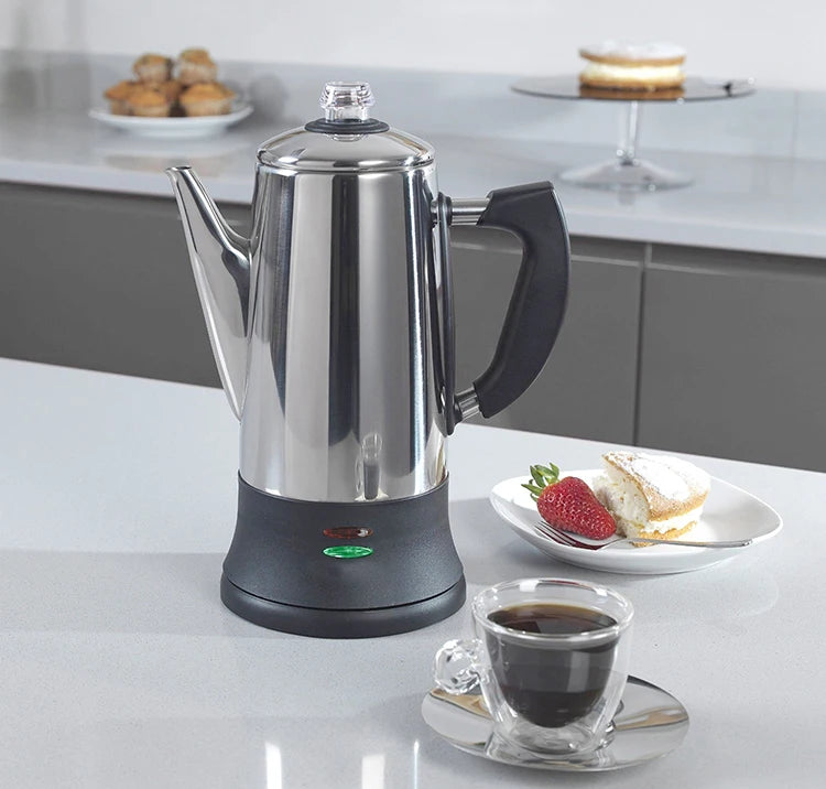 Electric Percolator 1.8L 12Cup Italian Coffee Maker Stainless Steel Quick Heating Reusable Filter Basket Fast Brew Home Office